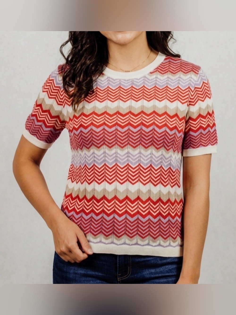 Calligraphie Chevron Stripe Short-Sleeve Knit Top - Coral & Ivory